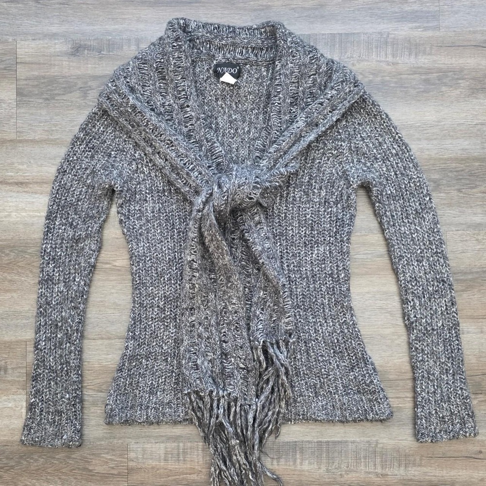 NADO Cashmere Wool Blend Fringe Scarf Sweater Grey Marled Knit Large